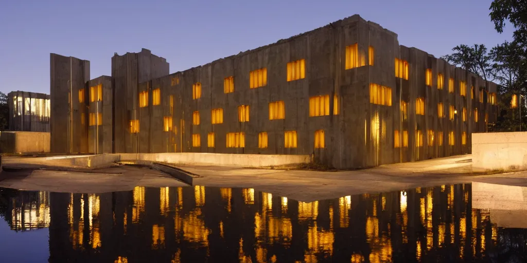 Prompt: wide angle photo of brutalist building made from reflective nickel chrome with copper and gold. late evening with reflective pool and glowing lights. highly reflective and shiny. frank loyde wright