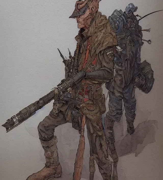 Image similar to a watercolor ink painting of an post - apocalyptic elven sniper in the style of jean giraud in the style of moebius trending on artstation deviantart pinterest detailed realistic hd 8 k high resolution