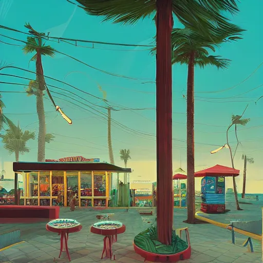 Image similar to inside beachfront fast food restaurant with palm trees by simon stalenhag