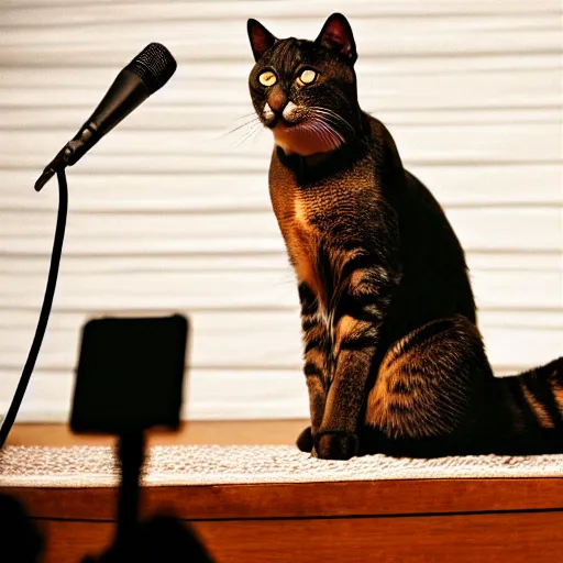 Image similar to a cat singing on stage, professional photography