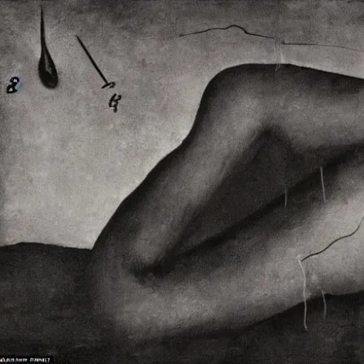 Image similar to desperation; pathetic creature with nothing to lose; hopelessness; drab landscape; desolation; man ray