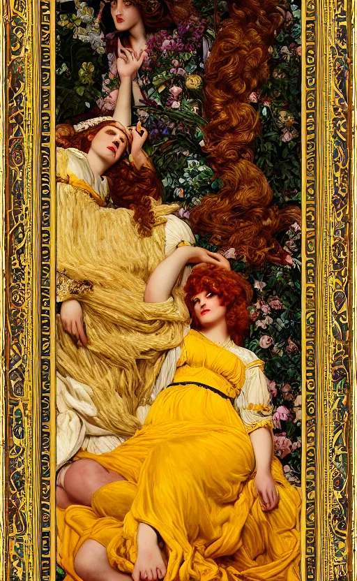 Prompt: preraphaelite full body reclining portrait photography masterpiece hybrid of judy garland and florence welch, brown hair fringe, yellow ochre ornate medieval dress, kilian eng and william holman hunt, frederic leighton, ford madox brown, william morris, framed, 4 k