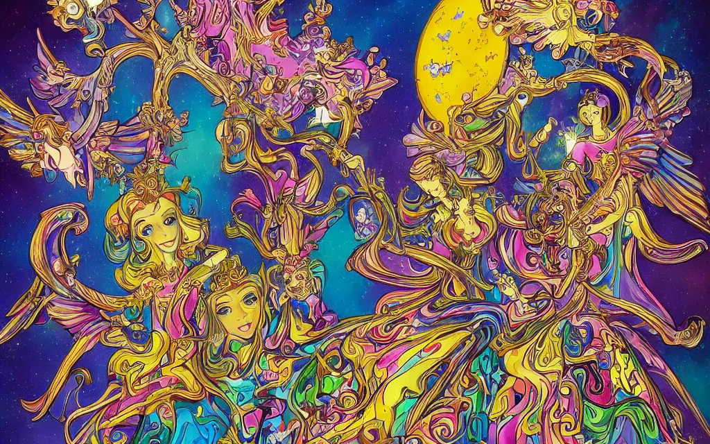 Image similar to vision of angels with a broken crown, trying to fix it by antoni gaudi and lisa frank, style of toonami