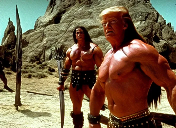 Image similar to still of muscular donald trump in conan the barbarian directed by frank frazetta, high resolution