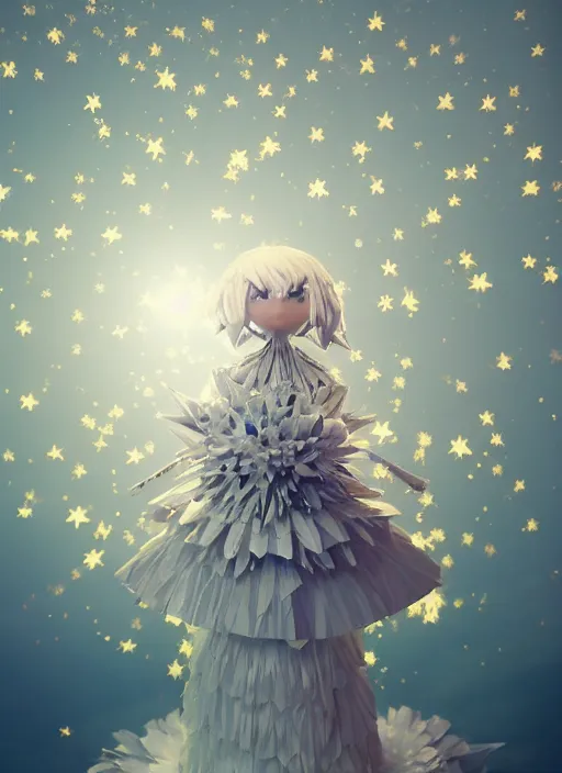 Image similar to background edge of space with puffy clouds are dusk, anthropomorphic paper woman wrapped in a flowing couture tissue paper, paper chrysanthemums, many origami stars, eery light, 3 d, very detailed, octane render, trending artstation, trending cgisociety, artgem