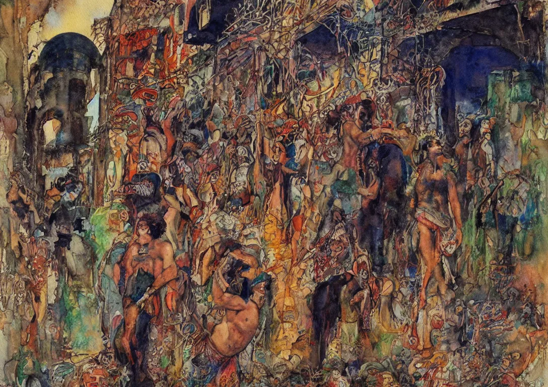 Image similar to watercolor of a polynesian greek god seeking their lover through the streets of an abandoned city, sparse detail, complementary color scheme, by george luks, mati klarwein and moebius