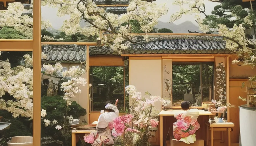 Image similar to 1 9 9 0 s candid 3 5 mm photo of a beautiful day in the a dreamy japanese flowery cottage designed by gucci, cinematic lighting, cinematic look, golden hour, a desk for flower arrangements and journaling has sun shinning on it through a window, temple in the distance, uhd