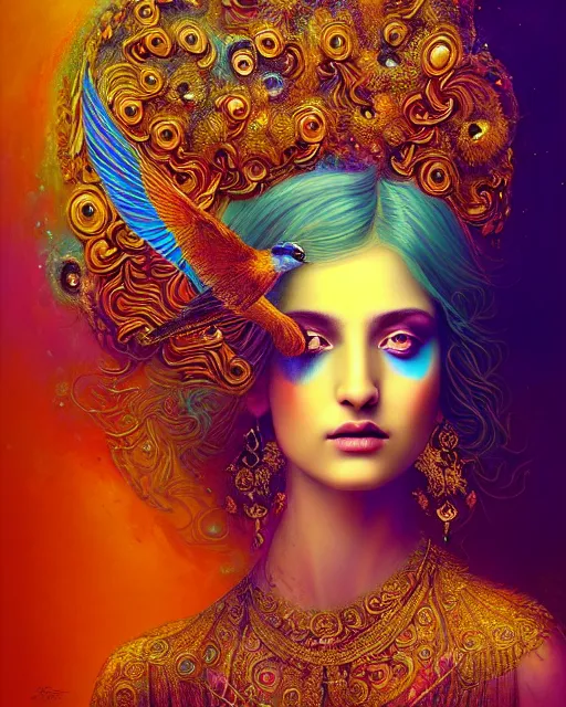 Image similar to portrait of the beautiful young goddess of birds, unusual beauty, etheric, outworldly colours, emotionally evoking symbolic metaphors, head in focus, fantasy, ornamental, intricate, elegant, highly detailed painting style photo, artstation, concept art, painterly, golden ratio, sharp focus, illustration, art by afarin sajedi,