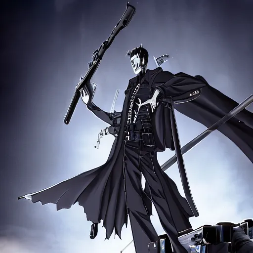 Prompt: a shot of a grim reaper as gunsliger man in trigun series, movie shot, anime, hightly detailed, rescalated 4 k, detailed