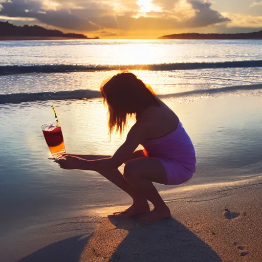 Image similar to a woman drinking gin and tonic on the beach, sunset, photography, 4 k,