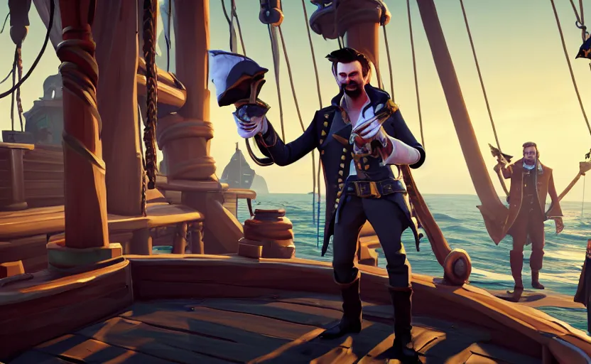 Image similar to david Tennant as a pirate on the ship in the Sea of thieves, long shot, epic composition, ultra detailed,, trending on Artstation, 8k, game screenshot, wallpaper, hyperrealistic