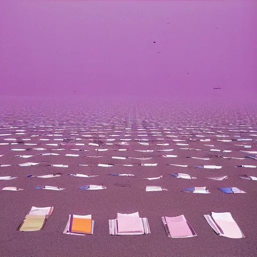 Image similar to a realitic photo of a thousand beds on the beach by Storm Thorgerson, purple color scheme