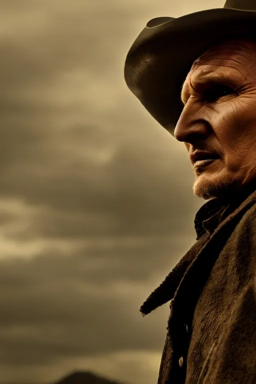 Prompt: cinematic of liam neeson cowboy, dramatic, moody lighting