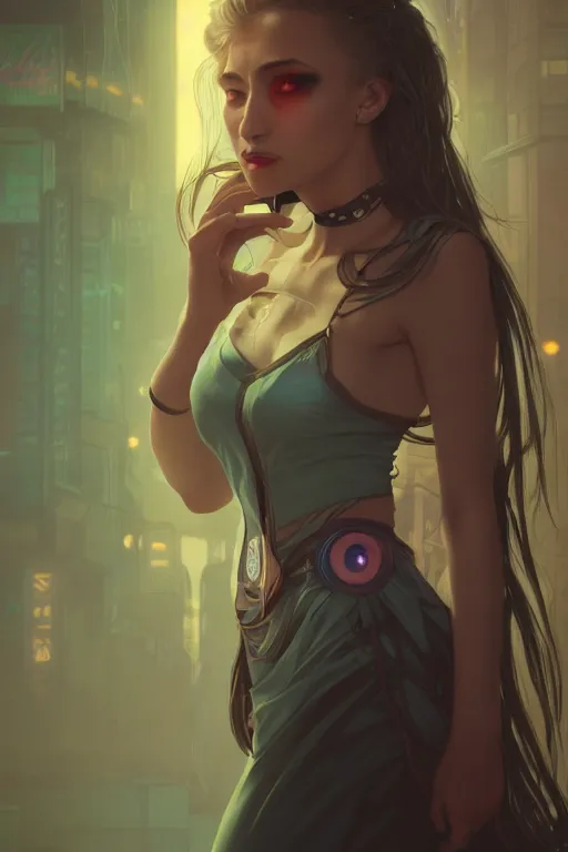 Image similar to portrait, vampire of clan banu haqim, light brown skin, night, long light blue hair, beautiful, in a cyberpunk city, neon signs, jewelry, alphonse mucha, william bouguereau, rossdraws, greg rutkowski, super detailed, realistic, octane render, volumetric, cinematic, 8 k