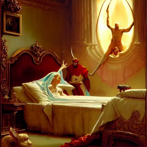 Image similar to the pope is in his bed, terrified, because a double horned shadow demon is in the wallpaper of the bedroom. highly detailed painting by gaston bussiere, j. c. leyendecker, greg rutkowski, craig mullins 8 k