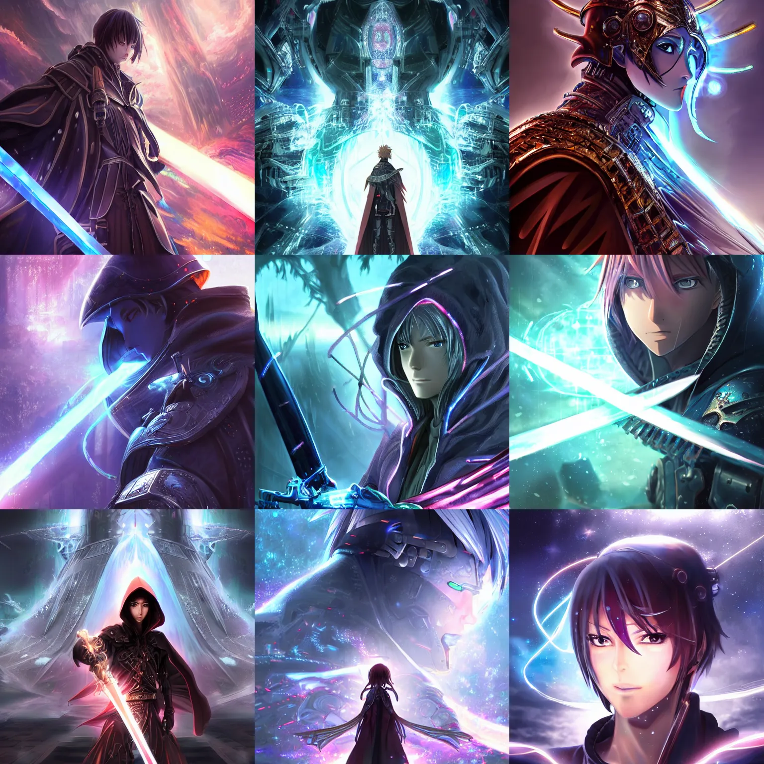 Prompt: 2.5D CGI anime fantasy portrait artwork of a hooded intricate cybernetic sorcerer warrior character with high quality glistening beautiful colors, rich moody atmosphere, reflections, specular highlights, omnipotent, megastructure realistic detailed background, brandishing iridescent cosmic sword, portrait in the style of Makoto Shinkai and Greg Rutkowski