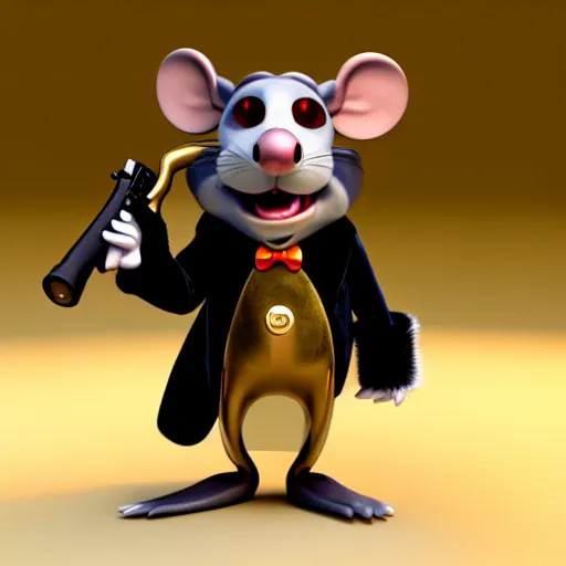 Image similar to 3d anthropomorphic rat, disney pixar, holding tommy gun, velvet, fur coat, high quality, golden necklace, fendi, high fashion