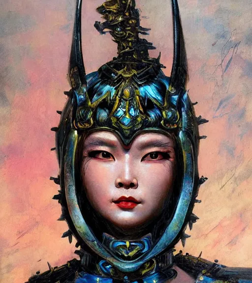 Prompt: portrait of strong korean female chaos angel, beautiful! coherent! by frank frazetta, by brom, strong line, vivid neon color, spiked scrap metal armor, iron helm maximalist