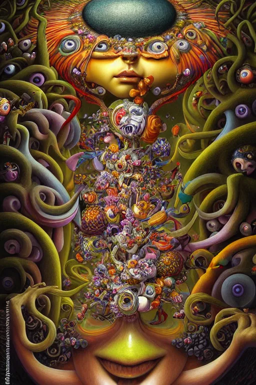 Prompt: hyper - maximalist overdetailed painting by naoto hattori. artstation. deviantart. cgsociety. inspired by hieranonymus bosch and heidi taillefer. surrealism infused lowbrow style. hyperdetailed high resolution render by binx. ly in discodiffusion. dreamlike polished render by machine. delusions. sharp focus.