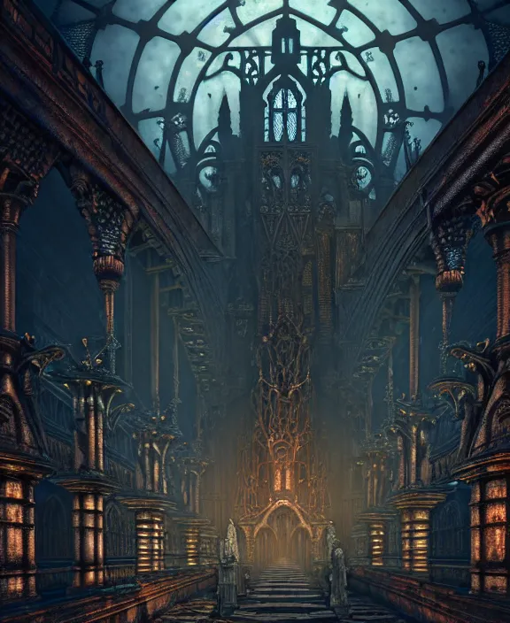 Image similar to steam necropolis, memento mori, gothic, neo - gothic, art nouveau, hyperdetailed copper patina medieval icon, stefan morrell, philippe druillet, ralph mcquarrie, concept art, steampunk, unreal engine, detailed intricate environment, octane render, moody atmospherics, volumetric lighting, ultrasharp, ominous, otherworldly