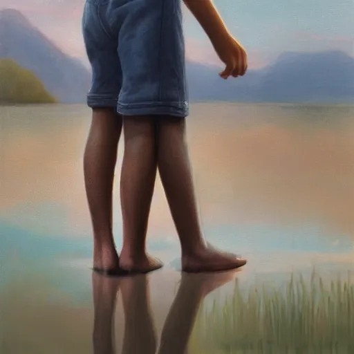 Prompt: in the style of Aurelio Rodríguez and William Whitaker, a boy stand in the lake, close up, very high environmental details, very high facial details, 4K ,