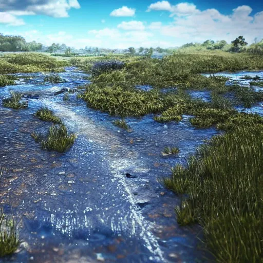 Image similar to water dripping up from a river into the blue sunny sky, desolate land, hyper detailed photorealistic