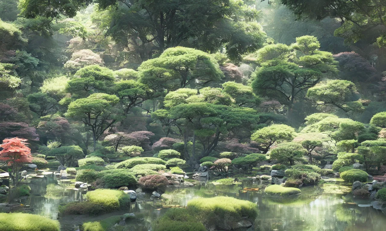 Prompt: A peaceful and idyllic view of a Japanese garden, peaceful, calming, soft light, high detailed, illustration, watercolor brush strokes, trendy on artstation, by Yann Dalon and Mandy Jurgens