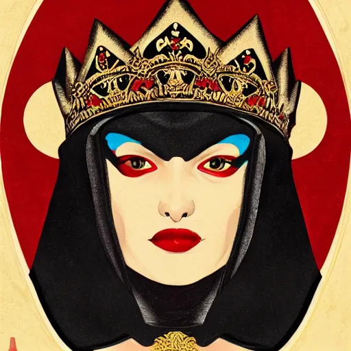Prompt: Illustrated by Shepard Fairey and H.R. Geiger | a renaissance style portrait painting of raven winged female vampire in VR helmet, wearing a crown and cape, dark background