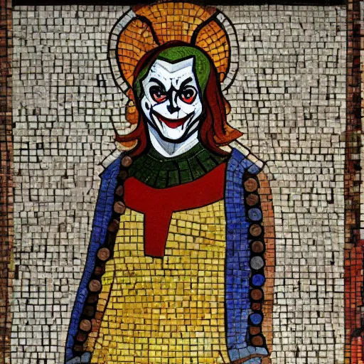 Prompt: medieval mosaic depicting the joker, medieval church art, mosaic of the joker standing in front of gotham, high quality