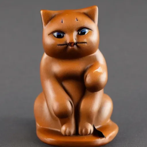 Prompt: demure anthropomorphic cat figurine wearing a kimono, brown resin, highly detailed, intricate, monotone, shy looking down