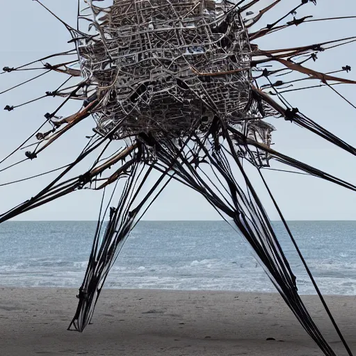 Image similar to strandbeest the size of a mountain made of wicked glinting steel trampling over a land of dusty grey, photo realistic, 8 k, trending on artstation