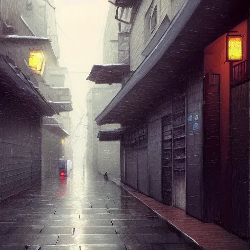 Image similar to a painting of a rain soaked back street in osaka, digital art, trending on artstation, by studio ghibli and greg rutkowski. spirited away. trending on artstation, hyperrealism, unreal engine