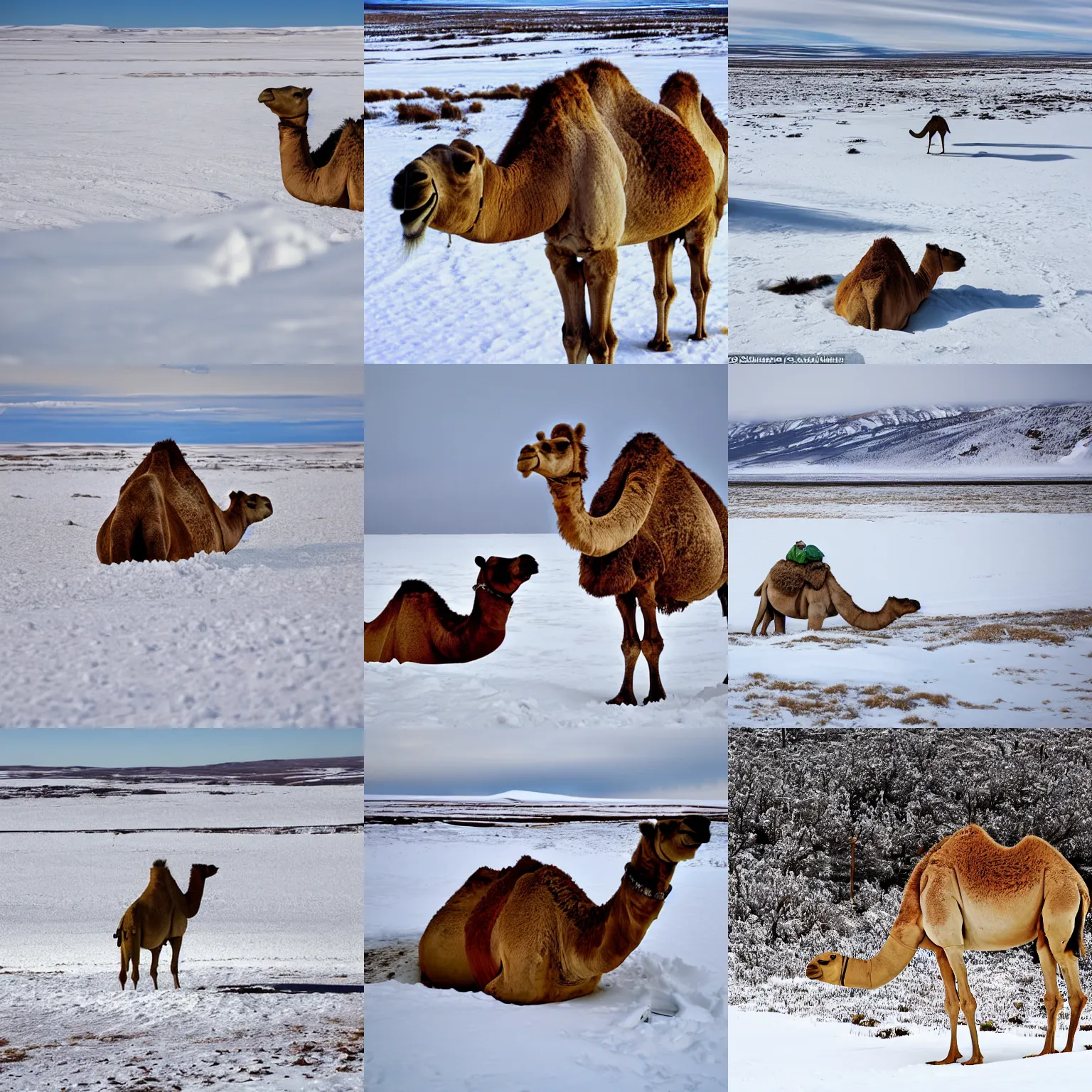 Prompt: camel sitting in a pile of snow in the arctic