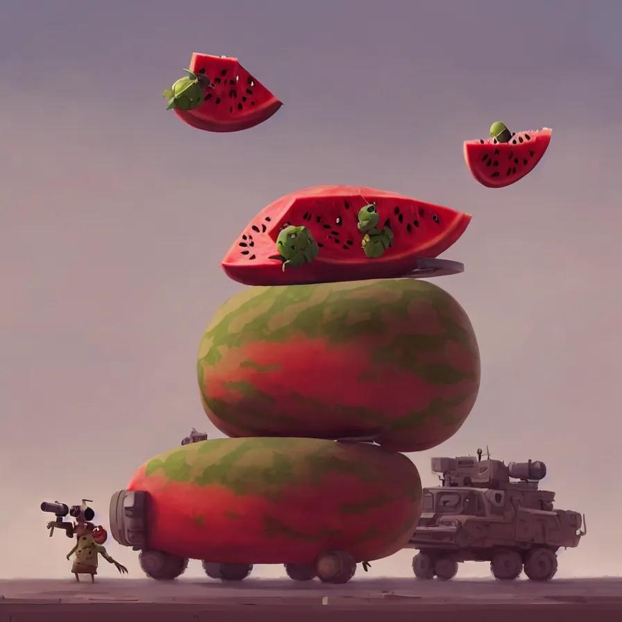 Image similar to Goro Fujita illustrating a watermelon military machine defending a city, art by Goro Fujita, sharp focus, highly detailed, ArtStation