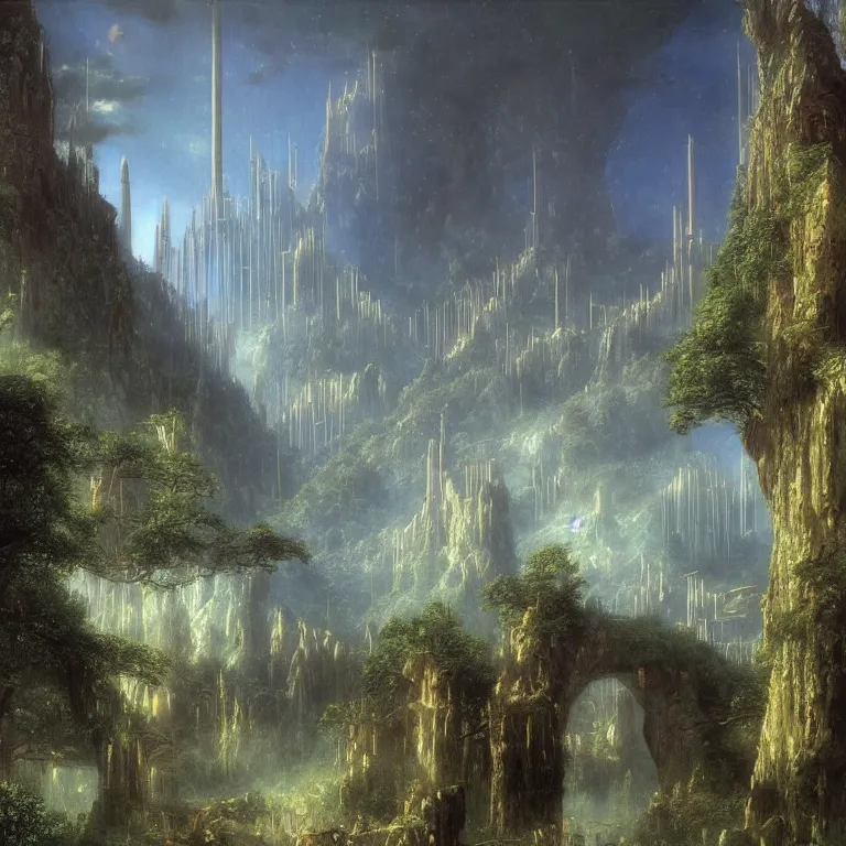 Image similar to a sprawling science fiction city inspired by rivendell, painted by bierstadt and chirico hidden in a forest