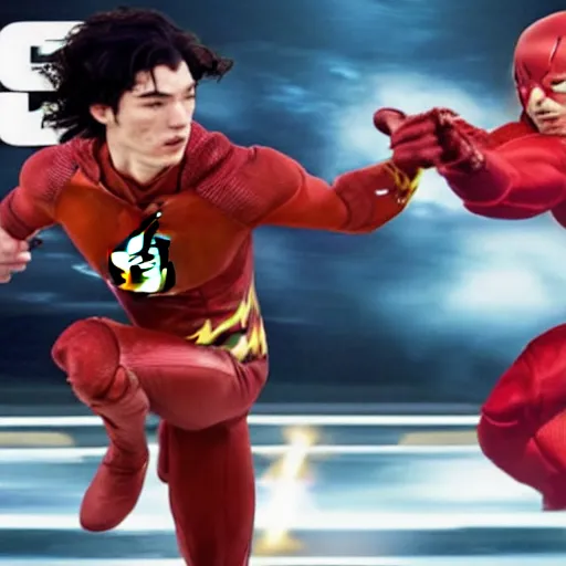 Image similar to a duel between warner and ezra miller as flash ( right ), in space, shot on alexa, trending on hollywood reporter