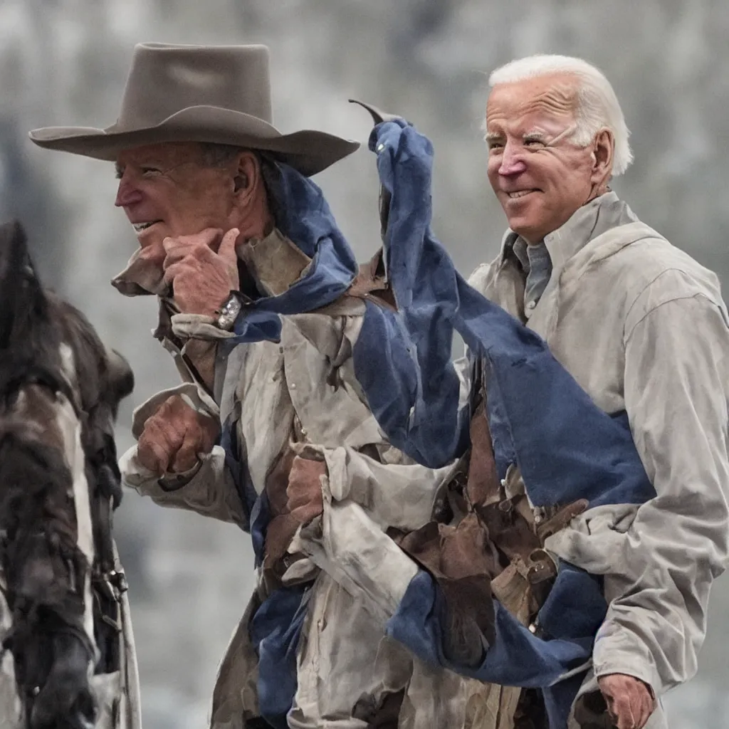 Image similar to joe biden as a cowboy robbing a bank, photo realistic