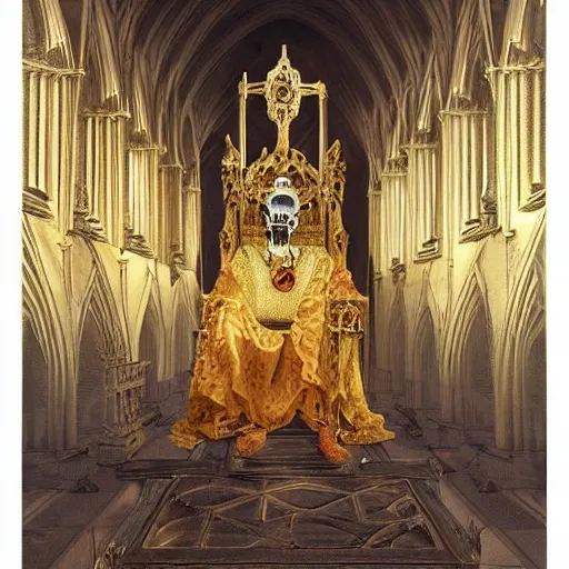 Prompt: Human skeleton, majesty in noble clothes, king resting on a throne inside a cathedral, old castle, oil painting, by Fernanda Suarez and Greg Rutkowski