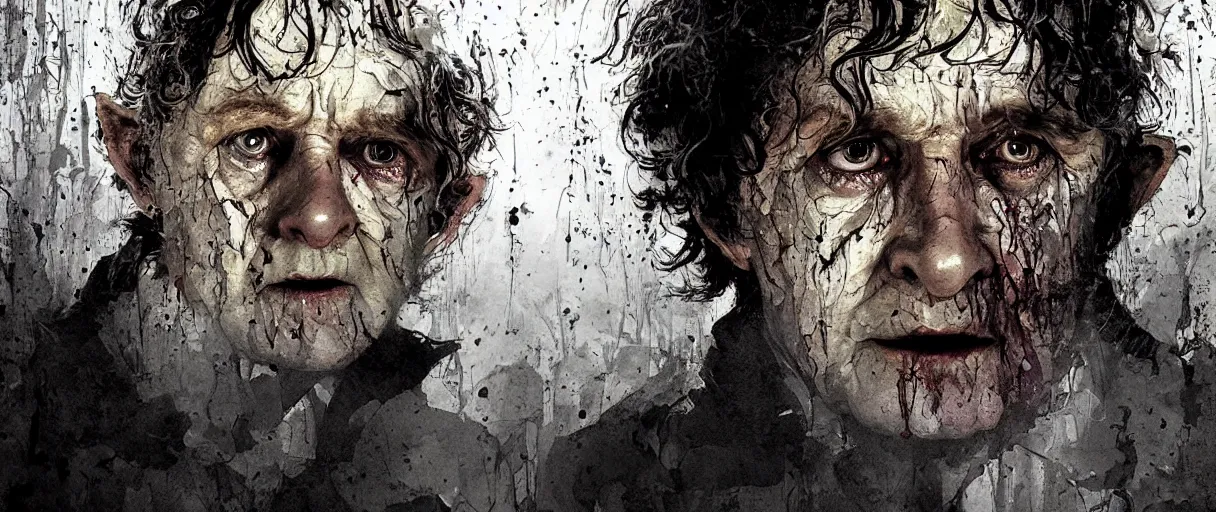 Image similar to portrait of scarry bilbo baggins from lord of the rings, jupscare scene with ian holm from fellowship of the ring by emil melmoth zdzislaw beksinki craig mullins yoji shinkawa realistic render ominous detailed photo atmospheric by jeremy mann francis bacon and agnes cecile ink drips paint smears digital glitches glitchart