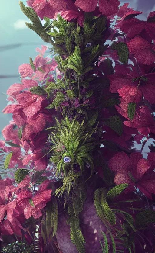 Image similar to a plant creature, foliage, plant filaments, flowers, humanoid shape, full body, photorealistic, 4 k, octane render, cinematic lighting, artistic photography, insanely detailed and intricate