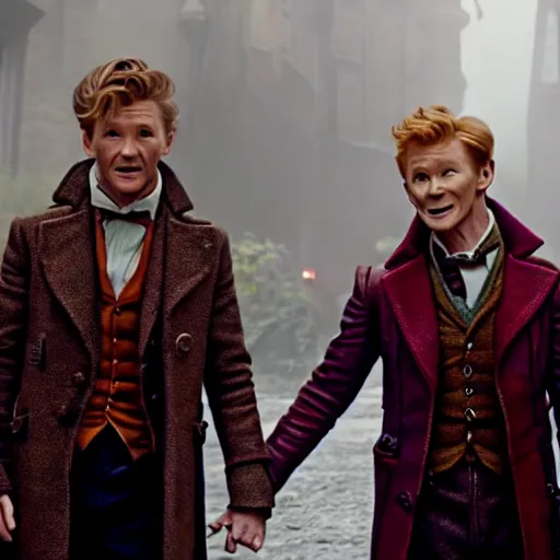 Image similar to newt scamander walking hand in hand with baby groot from guardians of the galaxy, film still from the movie, directed by david yates