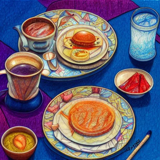 Image similar to Colored pencil art on paper, Five star morning breakfast, highly detailed, artstation, MasterPiece, Award-Winning, Caran d'Ache Luminance