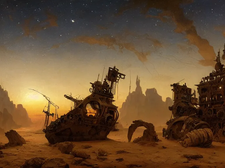 Image similar to an oil painting of an ancient dieselpunk ship in the middle of an alien desert at dusk, aurora and stars light up the sky by carl spitzweg and tuomas korpi. baroque elements, full-length view. baroque element. intricate artwork by caravaggio. Trending on artstation. 8k