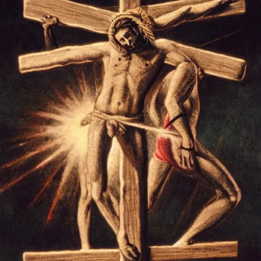 Image similar to an actor crucifies god and satan on an electric cross