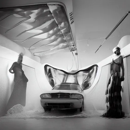 Image similar to medium format photograph of a surreal fashion shoot in a car wash, camera flash