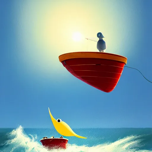 Image similar to goro fujita ilustration a bird flying over a fishing boat in the middle of the ocean with waves, foam on the waves, painting by goro fujita, sharp focus, highly detailed, artstation