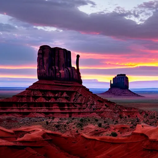 Image similar to photo of monument valley as the sun is setting, deep focus, highly detailled, 8 k uhd, award - winning photography, moody setting