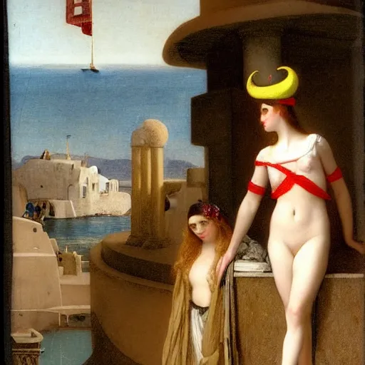 Prompt: A girl with jester hat and clothes on a greek circle archi on the front of a Balustrade with a beach and a sail boat on the background at night, major arcana cards, by paul delaroche and arnold böcklin hyperrealistic 8k, very detailed