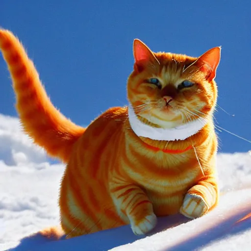 Prompt: a plain orange tabby cat skiing