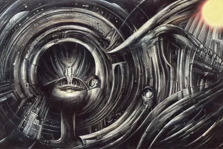 Image similar to painting by h. r. giger, infinite cosmos, blackhole sun, cosmic horror, warp space, sharp focus, unimaginable composition, incredible depth, void, oblivion